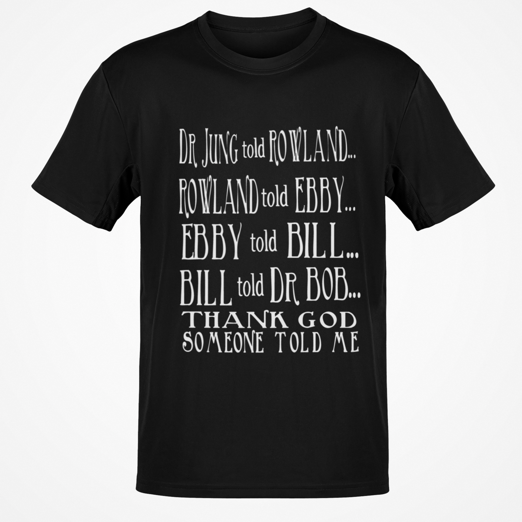 Black t-shirt with white text on a white background
