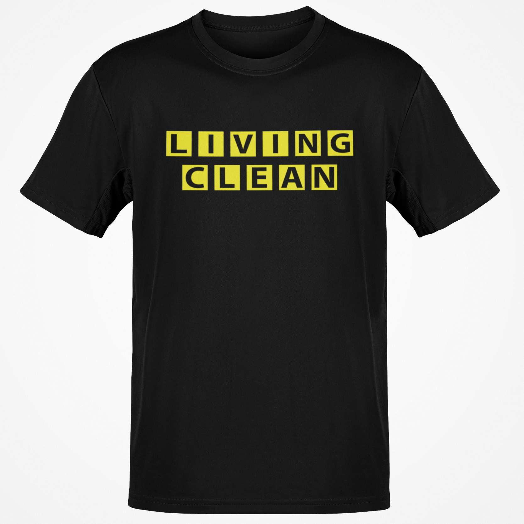 Black t-shirt with 'LIVING CLEAN' text in yellow on a white background